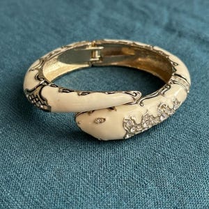 Vintage Snake Bangle, Cream Enamel Snake Bracelet, Sparkling Rhinestones Serpent Cuff Bangle Statement Jewellery
