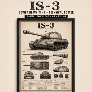 May include: A framed technical poster of the IS-3 Soviet heavy tank. The poster includes detailed diagrams and specifications, with the text "IS-3 SOVIET HEAVY TANK TECHNICAL POSTER DIGITAL DOWNLOAD A4 + A3 + A2".