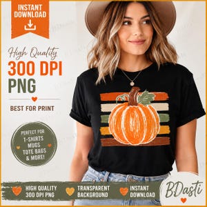 May include: A black t-shirt featuring a graphic of an orange pumpkin with a green leaf and stem, centered over horizontal stripes in shades of orange, cream, and olive green. The design is printed on the front of the short-sleeved cotton shirt.