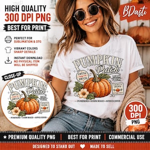 Könnte beinhalten: Ein weißes T-Shirt mit einem Grafikdesign, das einen großen orangefarbenen Kürbis, grüne Blätter und den Text Pumpkin Patch, Fresh From The Patch, Farm Fresh, Locally Grown, Autumn Picked, Pumpkins, Corn Maze und Apple Cider zeigt.