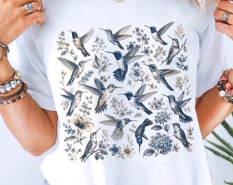 Hummingbird Floral Shirt, Vintage Botanical Wildflower Tee