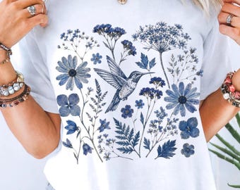 Hummingbird Floral Comfort Colors® Shirt, Vintage Botanical Wildflower Tee