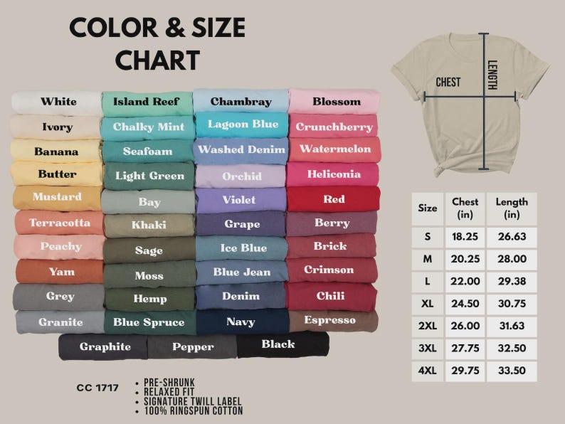 May include: Color and size chart for t-shirts, featuring a variety of colors like white, blue, and pink. Includes chest and length measurements in inches for sizes S to 4XL. The chart also lists shirt features.