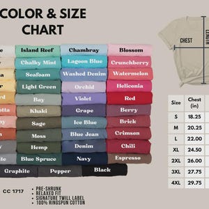May include: Color and size chart for t-shirts, featuring a variety of colors like white, blue, and pink. Includes chest and length measurements in inches for sizes S to 4XL. The chart also lists shirt features.