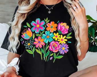 Boho Floral Bouquet T-Shirt,  Wildflower Hand-Drawn Shirt