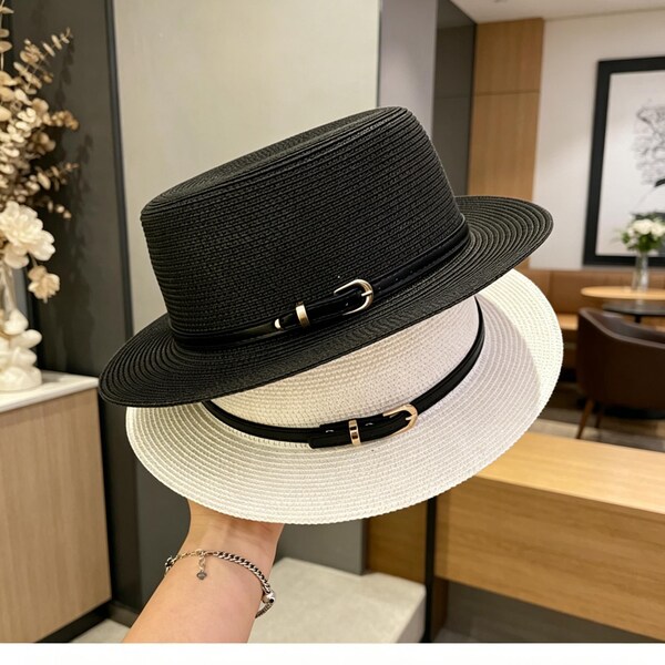 Leather Buckle Band Flat Top Straw Boater Hat, Wide Brim Summer Sun Hat, Minimal Neutral Resort Fedora, Breathable Vacation Beach Cap