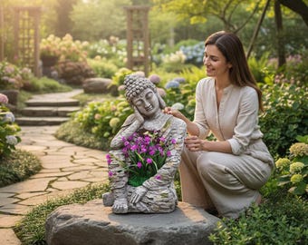 Estátua de Buda para Jardim - Vaso de Resina Zen para Decoração de Exterior