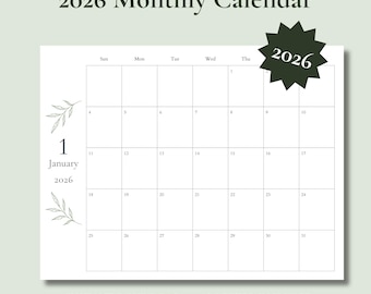 2026 Minimalist Monthly Planner, Botanical Leaf Design, Sunday/Monday Start, A4/US Letter Size (Digital Download)