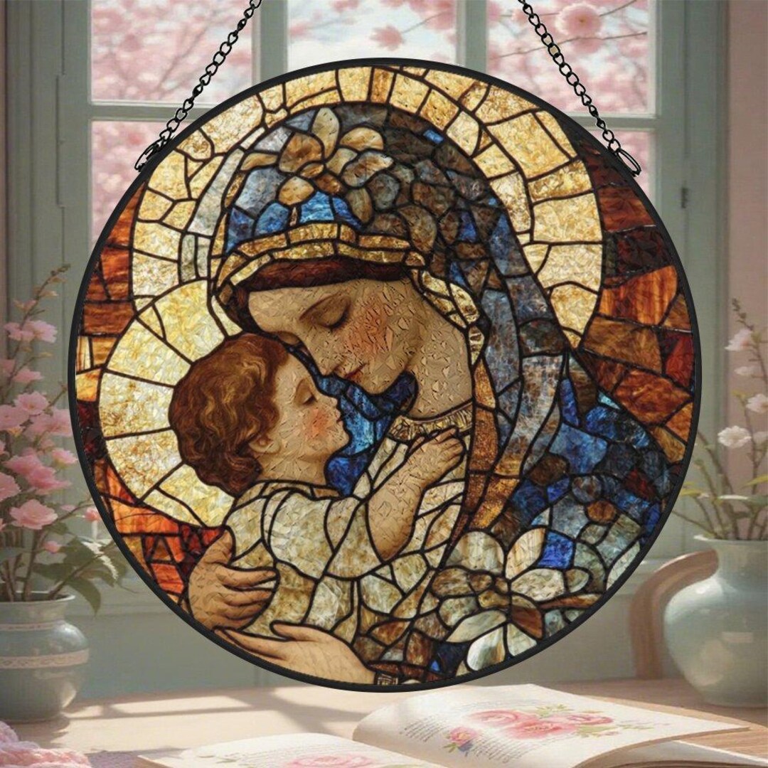 Virgin Mary and Baby Jesus Suncatcher | Stained Glass Style Religious ...