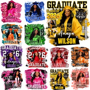 May include: A collection of graduation-themed graphics featuring young women in caps and gowns. Each design includes the graduate's name, the year 2026, and various color schemes like pink, blue, and gold. Some designs include text like "Graduate" and "Senior".
