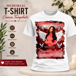 Red In Loving Memory Shirt Design, Editable Canva Memorial Template, DIY RIP Background PNG, Celebration Of Life T-Shirt, Rest In Peace