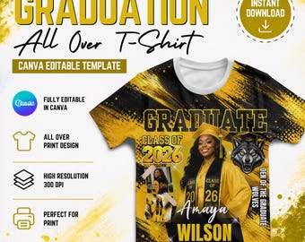 Graduation 3D Tee Shirt 2026, Grad All Over Canva Editable T-Shirt Templates, High School Grad Theme Perfect for Sublimation DTF