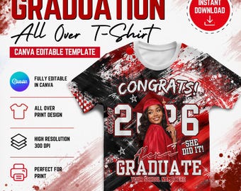 Graduation 3D Tee Shirt 2026, Grad All Over Canva Editable T-Shirt Templates, High School Grad Theme Perfect for Sublimation DTF