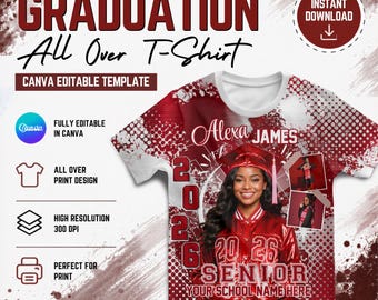 Graduation 3D Tee Shirt 2026, Grad All Over Canva Editable T-Shirt Templates, High School Grad Theme Perfect for Sublimation DTF
