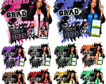 May include: A collection of graduation-themed designs featuring a graduate in a cap and gown. Each design includes the text "WRAPPED UP GRAD Amaya Class of 2026" with a film reel and photo frame elements. The designs vary in color.