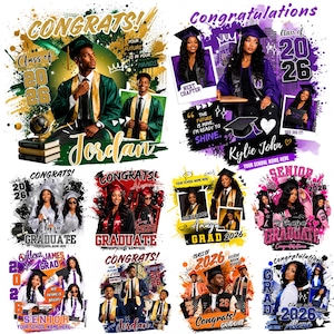 May include: A collage of graduation-themed designs. Each design features photos of graduates, the year 2026, and the word "Congrats!" or "Congratulations." The designs incorporate various colors and styles, with text like "Your future is in your hands."