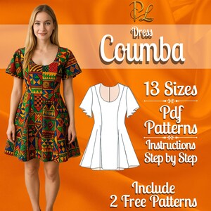 Könnte beinhalten: Ein Kleid mit Rundhalsausschnitt und kurzen, ausgestellten Ärmeln mit einem mehrfarbigen geometrischen Muster in Rot, Gelb, Grün und Blau. Das Bild enthält den Text Dress Coumba, 13 Sizes, Pdf Patterns, Instructions Step by Step und Include 2 Free Patterns.