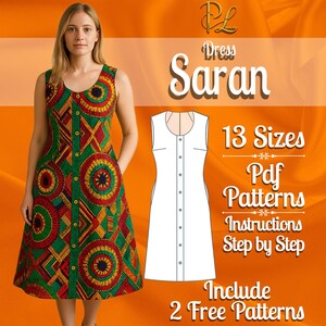 Könnte beinhalten: Ein ärmelloses, knielanges Kleid mit einem lebendigen geometrischen Muster und kreisförmigen Motiven in Rot, Grün und Gelb. Das Kleid hat eine durchgehende Knopfleiste vorne. Text: Dress Saran, 13 Sizes, Pdf Patterns, Instructions Step by Step, Include 2 Free Patterns.