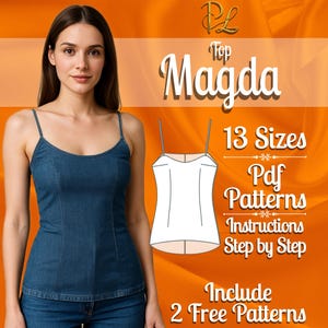 Può includere: Un top a canotta in denim blu con spalline sottili e scollo rotondo. L'immagine include il testo Top Magda, 13 Sizes, Pdf Patterns, Instructions Step by Step, Include 2 Free Patterns e un disegno a linee bianche del top.