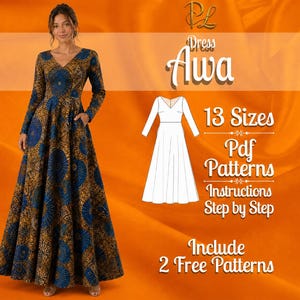 May include: A long-sleeved floor-length dress with a V-neckline and a blue and gold circular geometric pattern. The image includes text: Dress Awa, 13 Sizes, Pdf Patterns, Instructions Step by Step, and Include 2 Free Patterns with a white line drawing.