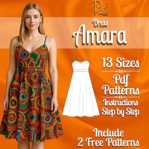 May include: A sleeveless dress with a vibrant, multi-coloured circular pattern in red, orange, blue, and green. The image includes a white line drawing of the dress, the text 'Dress Amara', '13 Sizes', 'Pdf Patterns', 'Instructions Step by Step', and 'Include 2 Free Patterns'.