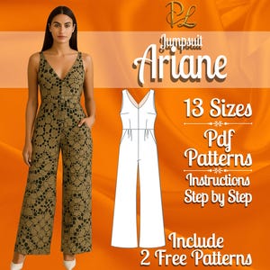Può includere: Una donna indossa una tuta senza maniche con scollo a V e motivo floreale. La tuta è verde oliva con dettagli floreali neri. L'immagine include anche un disegno a tratto della tuta e il testo "Jumpsuit Ariane", "13 Taglie" e "Pdf Patterns".