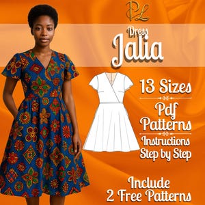 May include: A blue dress with a multi-coloured floral and geometric pattern, featuring short sleeves and a V-neckline. The image includes text: Dress Jalia, 13 Sizes, Pdf Patterns, Instructions Step by Step, and Include 2 Free Patterns.