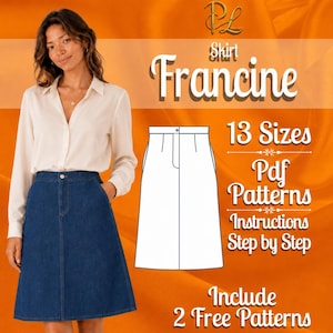 Puede incluir: Una mujer con una camisa blanca y una falda vaquera azul. La imagen incluye un patrón de falda llamado "Francine", con detalles sobre 13 tallas, patrones PDF, instrucciones y 2 patrones gratuitos. El fondo es naranja.