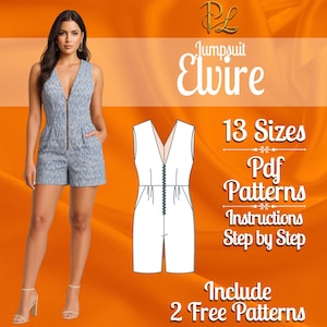 Peut inclure: Une combinaison sans manches à motif bleu avec un décolleté en V profond et une fermeture éclair frontale. L'image comprend un dessin technique blanc de la combinaison, le texte Jumpsuit Elvire, 13 Sizes, Pdf Patterns, Instructions Step by Step, et Include 2 Free Patterns.