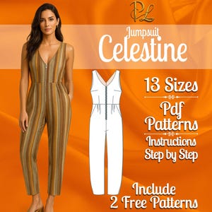 May include: A sleeveless jumpsuit with a V-neckline and a front zipper closure, featuring a vertical striped pattern in shades of brown, tan, and gold. Beside it is a white line drawing of the jumpsuit, with text reading Jumpsuit Celestine.