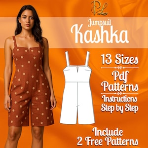 Peut inclure: Une combinaison marron à pois blancs, dotée d'une encolure carrée et de larges bretelles. L'image contient le texte : Jumpsuit Kashka, 13 Sizes, Pdf Patterns, Instructions Step by Step, Include 2 Free Patterns.