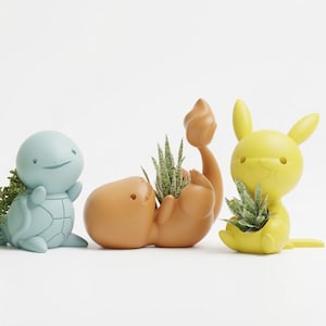 STL File Cute Pokemon Planter Pot - Pikachu, Bulbasaur, Charmander, Squirtle 3D Model. Print Pen holder. Bundle Pack 4 in 1