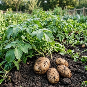 May include: Four harvested brown potatoes with visible soil sit on dark earth in front of a green potato plant. The plant features lush, textured green leaves and stems growing in a garden bed with a blurred wooden fence in the background.