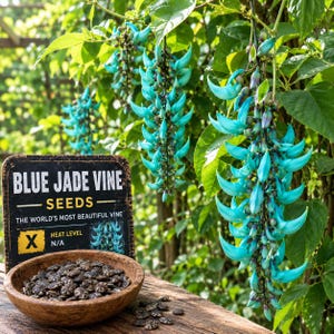 May include: A wooden bowl filled with dark mottled seeds sits next to a black sign labeled BLUE JADE VINE SEEDS, with vibrant turquoise claw-shaped flowers hanging from a vine in the background, showcasing the plant's unique botanical structure.