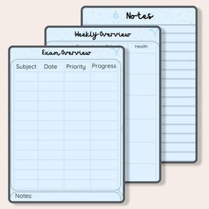 May include: A digital exam planner with a light blue design. The planner includes sections for exam overview, weekly overview, and notes. The text "Exam Planner!" is at the top, with "Exam Planner | PDF | Goodnotes | Printable" below it.