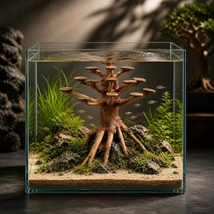 May include: A square glass aquarium with a miniature aquascape. A brown, tree-like structure with circular platforms is the focal point, surrounded by green plants, rocks, and small fish. The base has sand, creating a natural underwater scene.