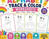 Alphabet Trace and Color Worksheets | ABC Tracing Printable PDF | Preschool Coloring Activity | Letter Practice Workbook | Instant Download