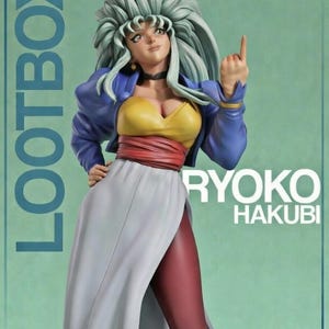 May include: A collectible figure of Ryoko Hakubi from Lootbox. The figure features a woman with light green hair, a yellow top, blue jacket, white skirt, and red leggings. The figure is posed with one finger pointing up. The text "RYOKO HAKUBI" is visible.