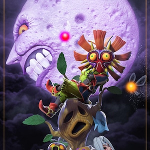May include: A detailed figurine featuring characters from a fantasy video game. The scene includes a large, purple moon with a face, a character wearing a mask, and a tree-like structure. The color palette is dominated by purples, greens, and oranges.
