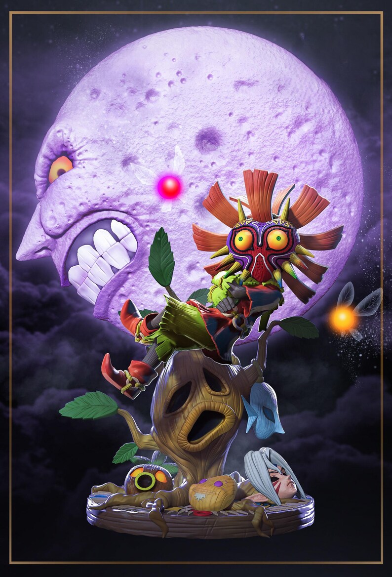 May include: A detailed figurine featuring characters from a fantasy video game. The scene includes a large, purple moon with a face, a character wearing a mask, and a tree-like structure. The color palette is dominated by purples, greens, and oranges.