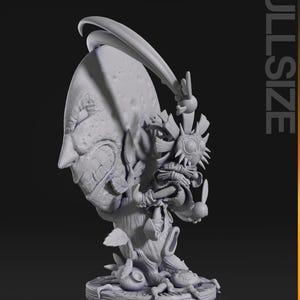 May include: A detailed, gray 3D-printed sculpture of a character with a large, grinning face and a curved blade above its head. The figure has intricate details, including a sun-like emblem and a tree-like base. The word "FULLSIZE" is printed vertically on the right side.