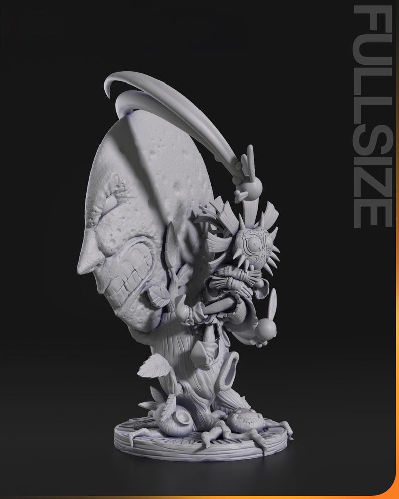 May include: A detailed, gray 3D-printed sculpture of a character with a large, grinning face and a curved blade above its head. The figure has intricate details, including a sun-like emblem and a tree-like base. The word "FULLSIZE" is printed vertically on the right side.