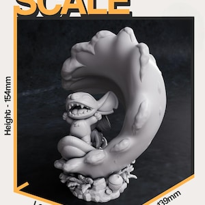 May include: A white 3D-printed figurine of Stitch from Lilo & Stitch, sitting on a crescent moon-shaped base. The figurine is 154mm high, 107mm long, and 139mm wide. The word "SCALE" is printed at the top.