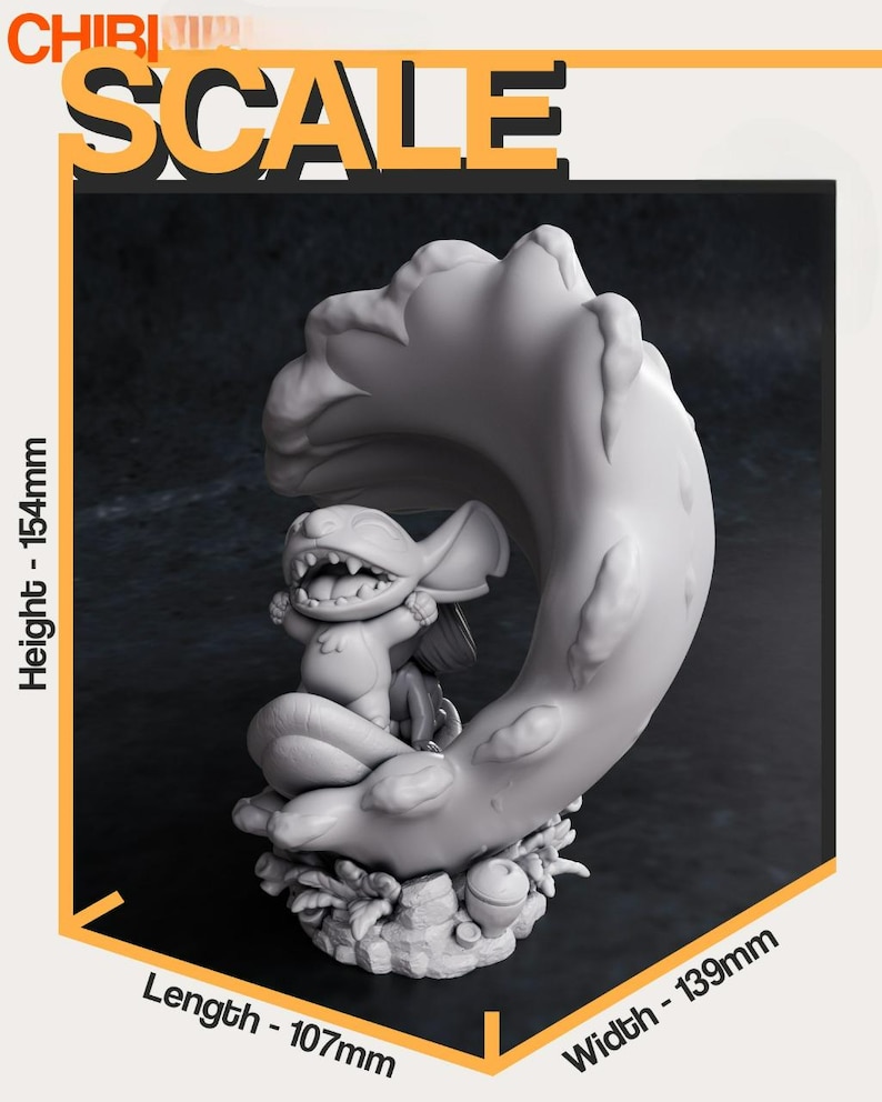 May include: A white 3D-printed figurine of Stitch from Lilo & Stitch, sitting on a crescent moon-shaped base. The figurine is 154mm high, 107mm long, and 139mm wide. The word "SCALE" is printed at the top.