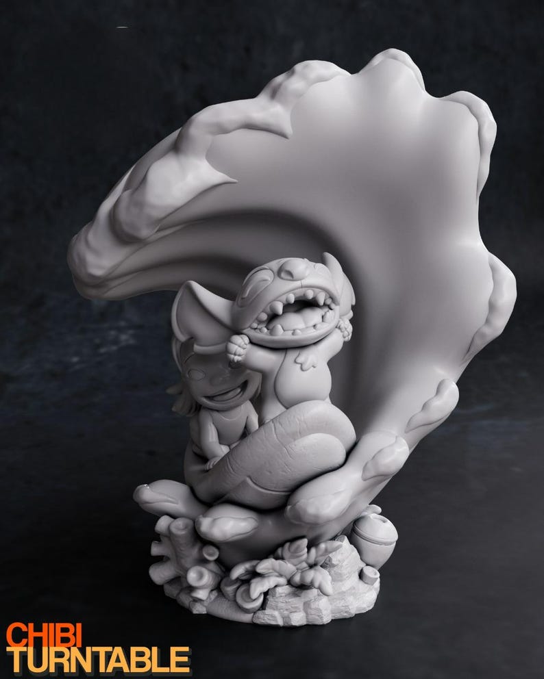 May include: A gray figurine of the characters Stitch and Lilo from the Disney movie Lilo & Stitch. The characters are inside a large, stylized shell. The base of the figurine has a rocky texture. The words "CHIBI TURNTABLE" are at the bottom.