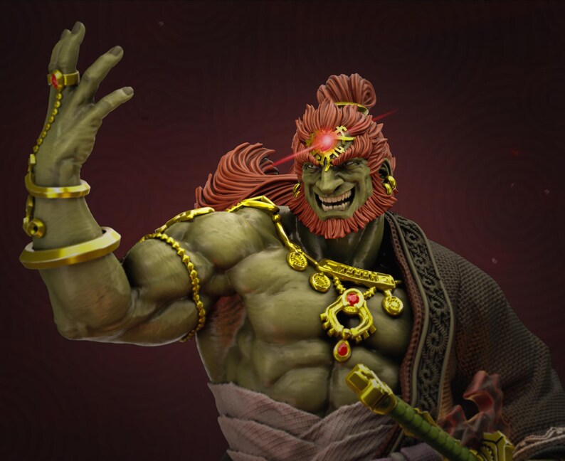 May include: A detailed figurine of a green-skinned character with red hair and beard, wearing gold jewelry and a dark robe. The figure has a menacing expression and is holding a sword. A red beam of light emanates from the character's forehead.