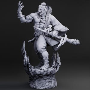 May include: A detailed grayscale figurine of a muscular warrior with a fierce expression, holding a weapon. The figure is adorned with intricate clothing and stands atop a textured base, showcasing a dynamic pose. The overall theme suggests fantasy or mythological art.