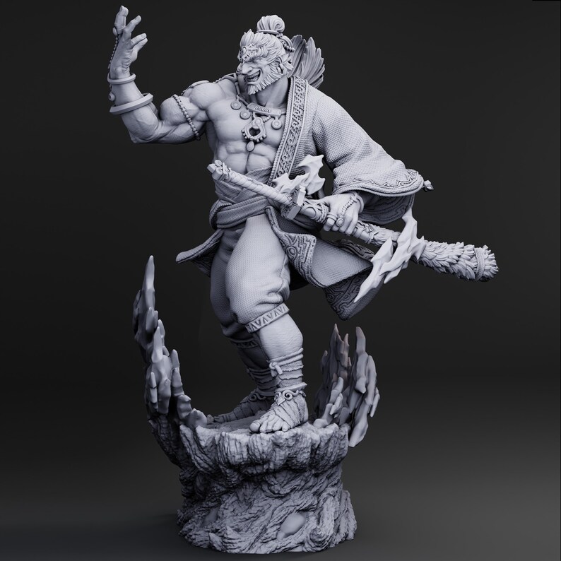 May include: A detailed grayscale figurine of a muscular warrior with a fierce expression, holding a weapon. The figure is adorned with intricate clothing and stands atop a textured base, showcasing a dynamic pose. The overall theme suggests fantasy or mythological art.