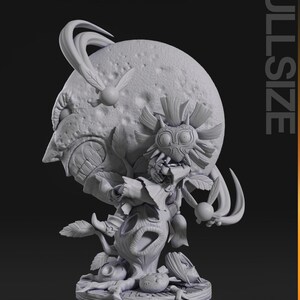 May include: A gray 3D-printed sculpture featuring a large, detailed moon with a face, a character with a mask, and a tree-like base. The sculpture has intricate details and a textured surface, with the word "FULLSIZE" printed vertically.