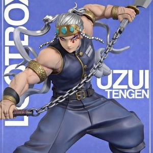 May include: A detailed action figure of Uzui Tengen from the anime series. The figure is in a dynamic pose, wielding two weapons. The figure is wearing a dark blue outfit with gold accents and has silver hair. The figure is on a blue background with the text "LOTBOX" and "UZUI TENGEN".